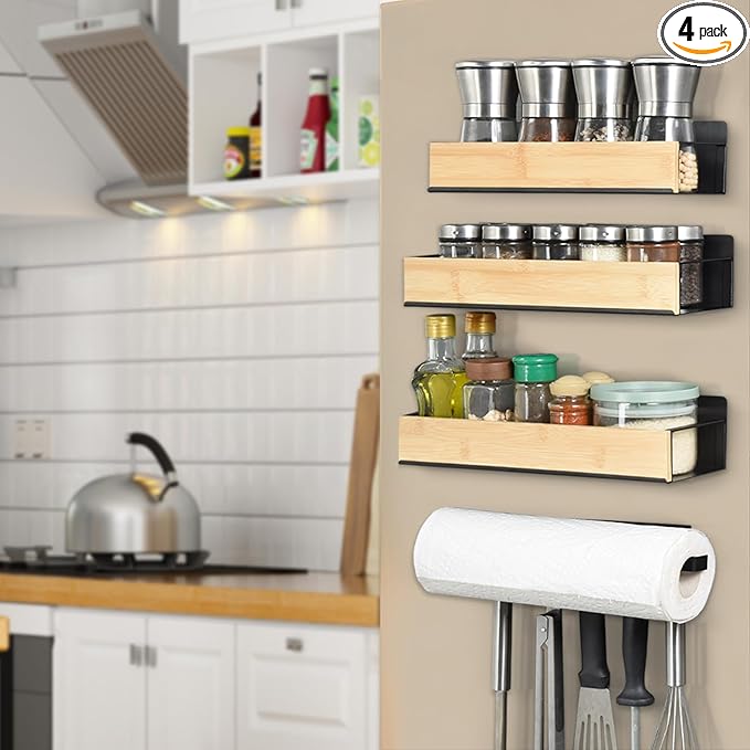 OTraki 4 Pack Strong Magnetic Spice Rack for Refrigerator Wood & Metal Magnetic Shelf for Fridge Spice Storage Rack Kitchen Cabinet Organizers Seasoning Storage Paper Towel Holder with 5-Hook Rack