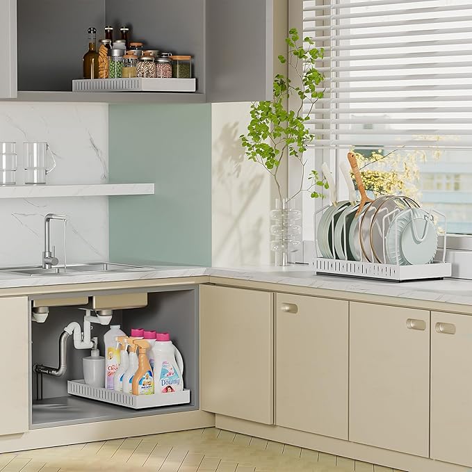 GoMaihe Pots and Pans Organizer Under Cabinet 1 Pack - For Kitchen Pot Lid Bakeware Dishes Pots and Pans Storage - Pull-out Kitchen Cabinet Organizer Rack with Slide Rails White
