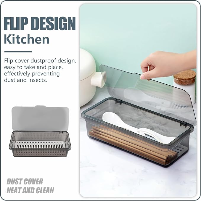 2PCS Flatware Tray with Lid and Drainer, Tableware Utensil and Cutlery Drawer Organizer with Lid Covered Silverware Tray to Keeps Your Cutlery Organized and Protected,Grey