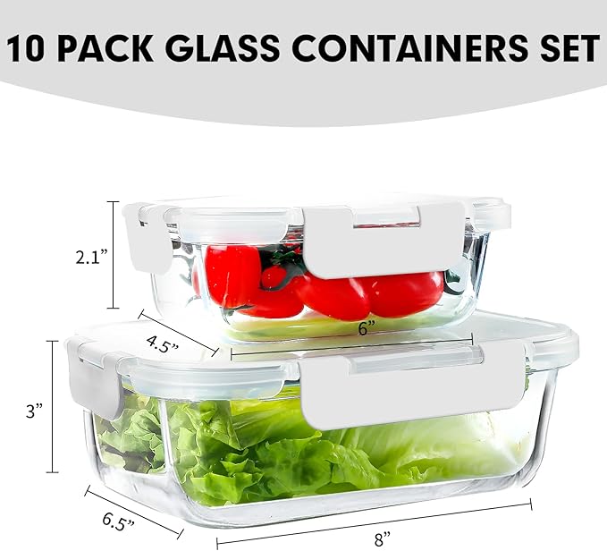 VERONES 10Pack Glass Meal Prep Containers, Airtight Glass Lunch Containers,Stackable Glass Food Storage Containers Set with Lids,Exclusive of BPA, for Microwave,Oven, Freezer&Dishwasher Friendly,White