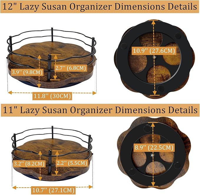 2 Pack 11" and 12" Wood Lazy Susan Turntable with Higher Metal Guardrail 360° Rotating Lazy Susan Spice Rack Organizer for Cabinet Table Top Kitchen Countertop Dining Table Pantry Coffee Bar Storage