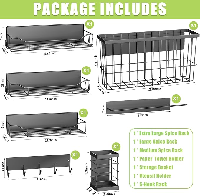 Magnetic Spice Rack for Refrigerator, 7 Pack Magnetic Fridge Shelf for Kitchen Organization Storage, Moveable Spice Organizer W/Paper Towel Holder, Utensil Caddy, Cutting Board Rack (Black)