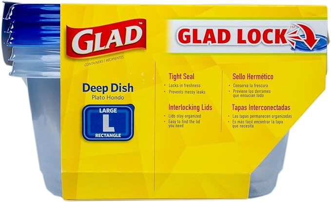 Glad GladWare Deep Dish Food Storage Containers Lock Tight Seal, BPA Free Large Rectangle Plastic Containers Hold Up to 64 Ounces of Food, 3 Count Set | Includes 3 Containers and Lids
