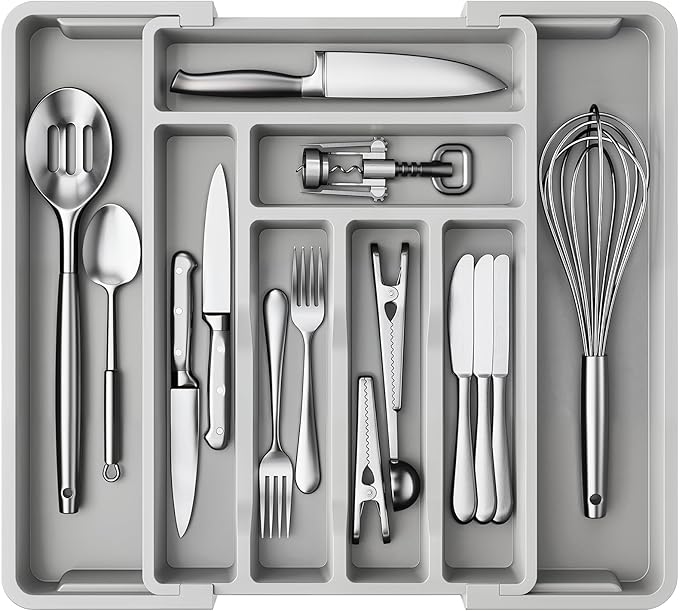 AMADA HOMEFURNISHING Expandable Silverware Drawer Organizer, Adjustable Utensil Tray For Kitchen Storage, BPA-Free Cutlery Holder for Spoons, Forks and Knives, Easy to Clean and Wash, Gray