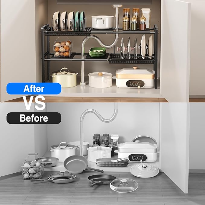 Pots and Pans Organizer Under Cabinet, Expandable 2 Tier Under Sink Organizers and Storage Adjustable Height Kitchen Pot and Pan Lid Holder Rack with 12 Dividers Under Cabinet Shelf(Black)