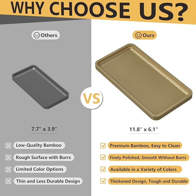 Weenson Gold Bathroom Vanity Tray for Countertop Perfume Makeup Jewelry Decor Candle, Bamboo Kitchen Tray for Soap Dispenser Spice Coffee, Toilet Tank Tray 11.81”L x 6.1”W x 0.79”H