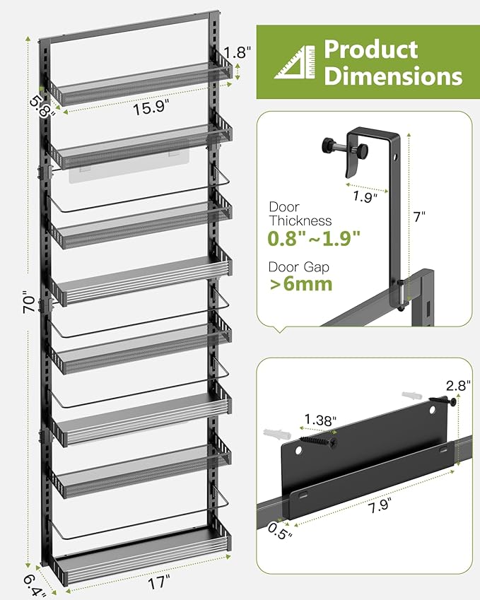 8-Tier Over the Door Pantry Organizer, 2 in 1 Large Door Spice Rack with Adjustable Metal Baskets, Heavy Duty Hanging or Wall Mounted Storage Organizer for Kitchen Pantry and Room Wall