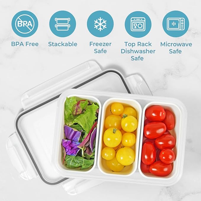 carrotez Food Storage Containers with 3 Removable Compartments, Food Prep Container with Airtight Lids, Portion Control Container, Microwave Safe, Reusable, 4.64 Cup (1100ml)