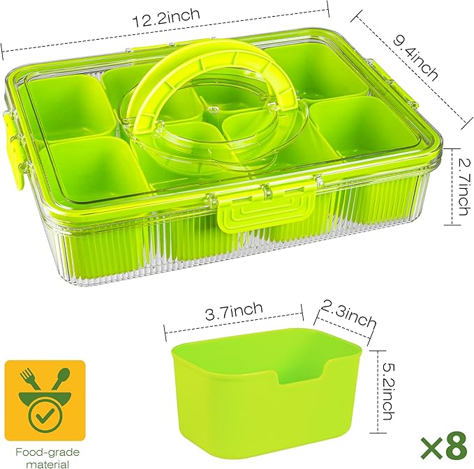 Patent Design Ribbed Snackle Box Container Divided Serving Tray with Lid and Handle -Charcuterie Container Portable Storage Organizer for Candy, Fruit, Beach, Picnics(1 pcs, Green)