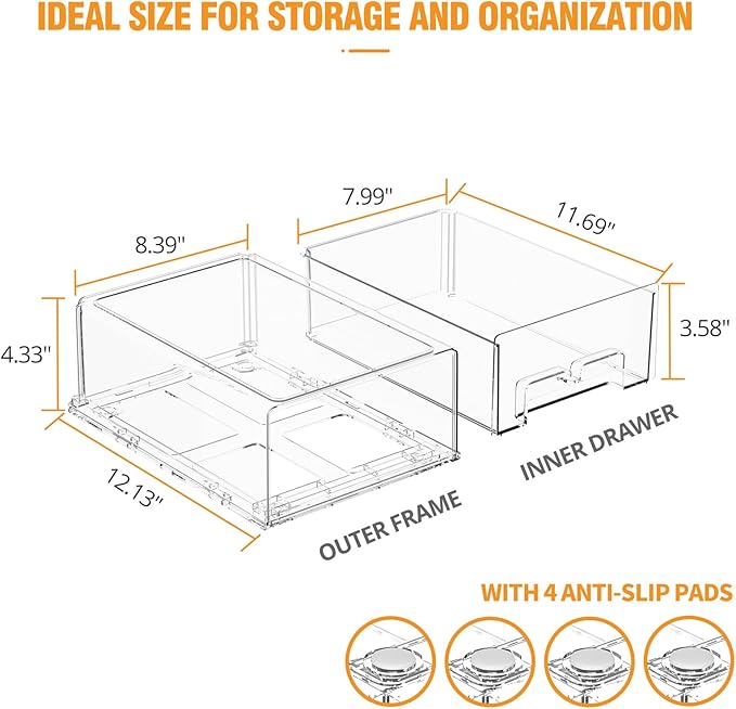 Clear Stackable Storage Drawers - 2 Pack Refrigerator Drawers for Refrigerator Organizers and Storage, Fridge Drawer Organizer for Fruit and Veggie Storage, Acrylic Storage Drawers Pull Out Bin