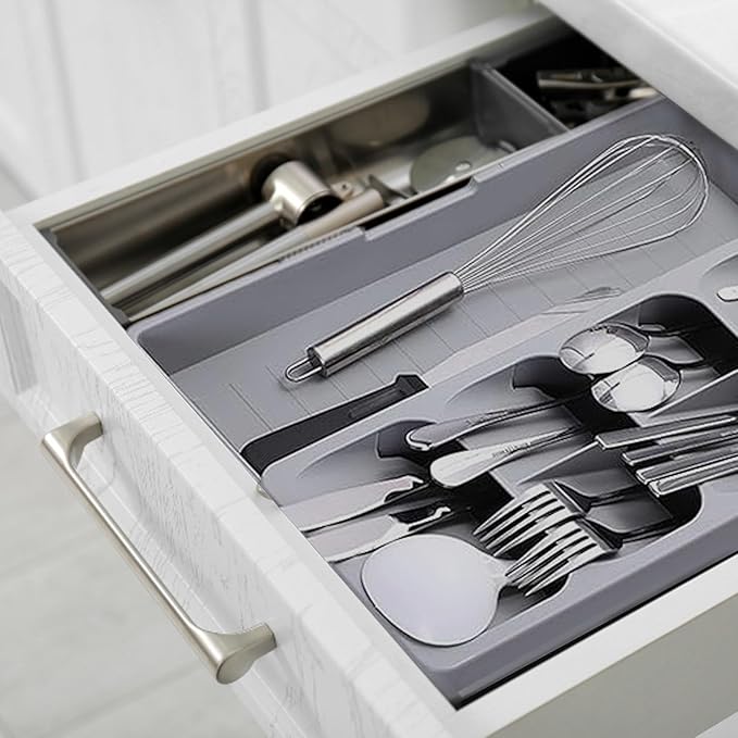 Silverware Drawer Organizer with Expandable Tray for Kitchen Drawer, Adjustable Compact Plastic Kitchen Utensil Storage for Spoons Forks Knives Easy to Access & Save Space