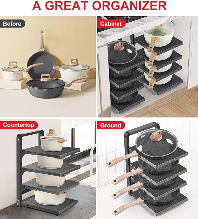 SIMPFIT Pots and Pans Organizer under Cabinet, Heavy Duty Pan Organizers for Cabinet & Counter, 4 Tier Adjustable Pan & Pot Rack for Kitchen Cabinet Organizers and Storage