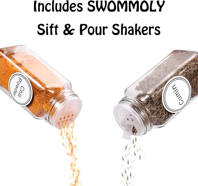 SWOMMOLY Spice Rack Organizer with 32 Empty Square Glass Spice Jars, 386 White Spice Labels with Chalk Marker and Funnel Complete Set, Seasoning Organizer for Countertop, Cabinet or Wall Mount