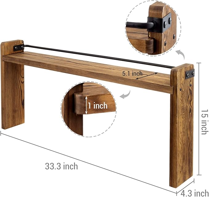 MyGift 33 Inch Stove Top Spice Rack - Deluxe Rustic Burnt Solid Wood and Industrial Black Metal Space Saving Over The Stovetop Range Storage Display Shelf
