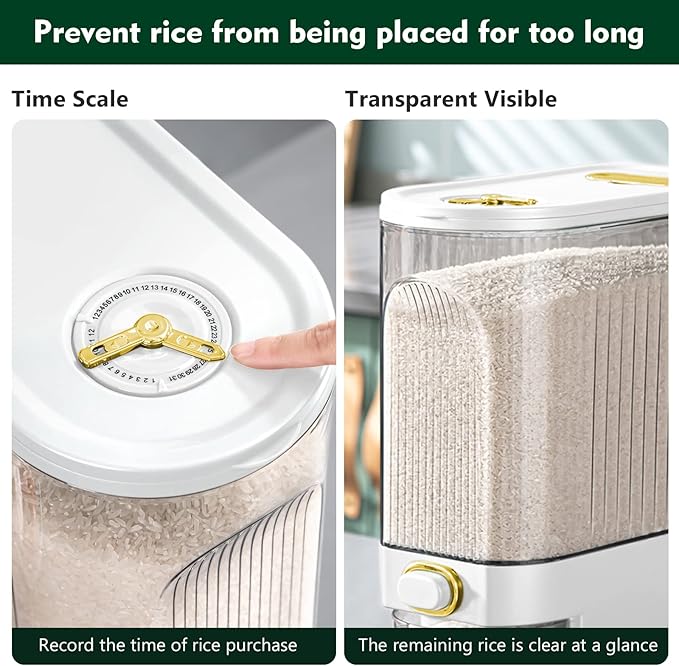 22 Lbs Rice Dispenser, Large Dry Food Storage Container with with Measuring Cup & Time Scale, Food Dispenser Kitchen Organization and Pantry Store for Cereal Dry Food (White)
