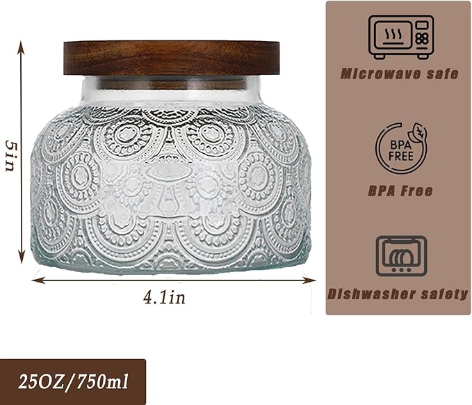 25oz Vintage Glass Jar with Lid, Embossed Glass Canister with Airtight Wooden Lid, Stackable Design for Kitchen Storage – Ideal for Coffee, Tea, Sugar, Flour, Cookies, and Grains