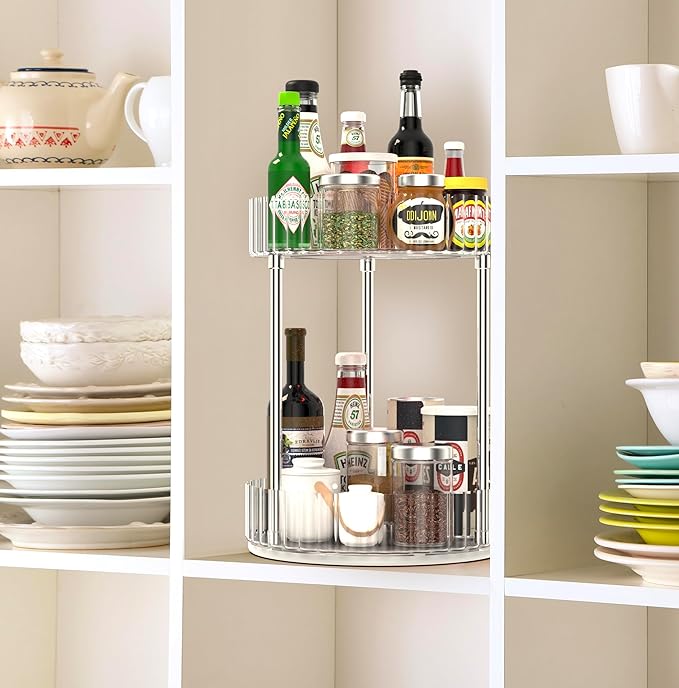 Lazy Susan Turntable Organizer-360° Rotating Double Layer Storage Rack,Non-slip Base Design, Suitable for Kitchen Countertops, Bathrooms, Dressing Tables (8.5 Inch Diameter)