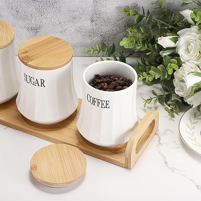 JUXYES Set of 3 Ceramic Canisters Set for Sugar Coffee Tea, Luxurious Storage Containers Sets with Serving Tray Decorative Storage Pots White Ceramic Storage Jar for Kitchen Counter Dining Room