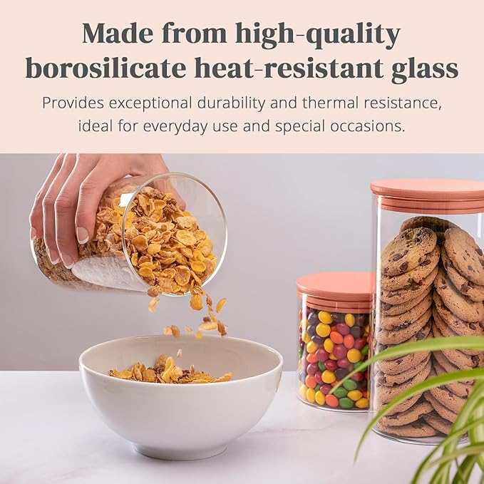 5-Piece Glass Storage Containers With Lids | Food Grade Safe Airtight Snack Containers, Pantry Organizers and Kitchen Storage with Colorful Bamboo Lids for Pasta, Oats, Coffee & Sugar