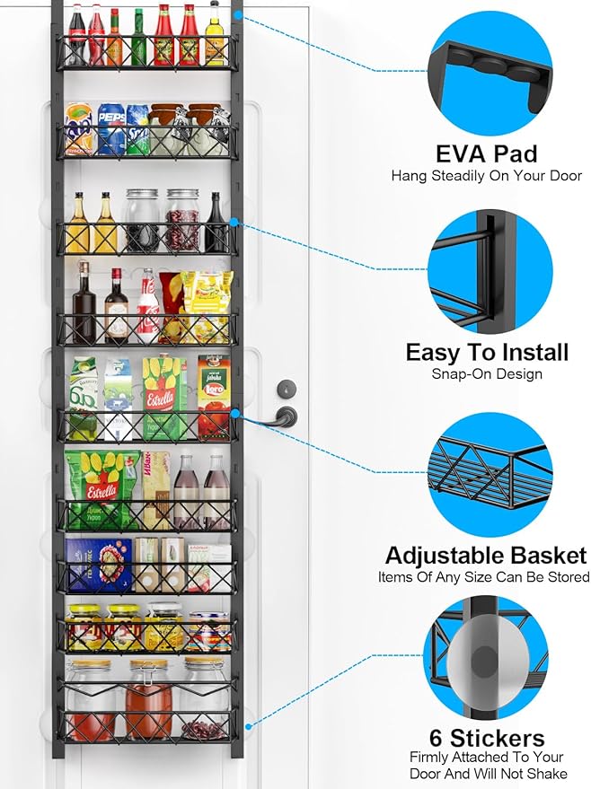 Over the Door Pantry Organizer, 9-Tier Pantry Door Organizer with Adjustable Basket, Metal Spice Rack Storage for Kitchen Pantry Black