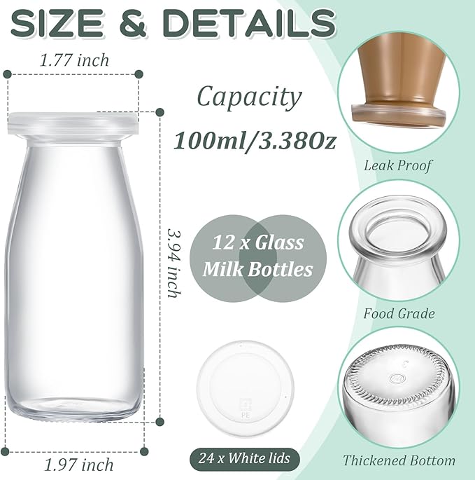 Zubebe 12 Pack 3.38 oz Small Glass Milk Bottles Clear Mini Party Bottles with Lids Glass Juice Jars Reusable Small Milk Jars Vintage Breakfast Shake Containers for Baby Shower Birthday Party Favors
