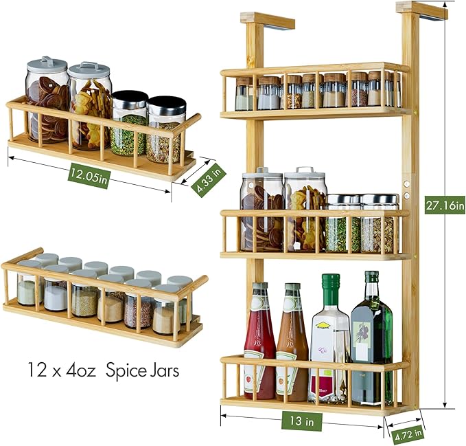 Hanging Spice Rack for Refrigerator - 3 Tier Bamboo Kitchen Counter Shelf Organizer for Can Seasoning Storage, Adhesive to Fridge & Pantry Side