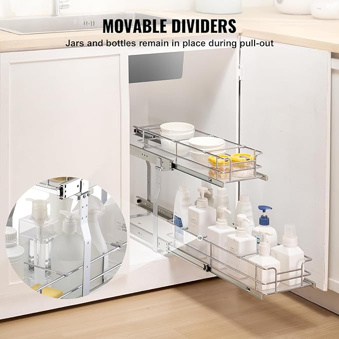 VEVOR 8.5"W x 21"D Pull Out Cabinet Organizer, Heavy Duty Slide Out Pantry Shelves, Chrome-Plated Steel Roll Out Drawers, Sliding Drawer Storage for Home, Inside Kitchen Cabinet, Bathroom, Under Sink