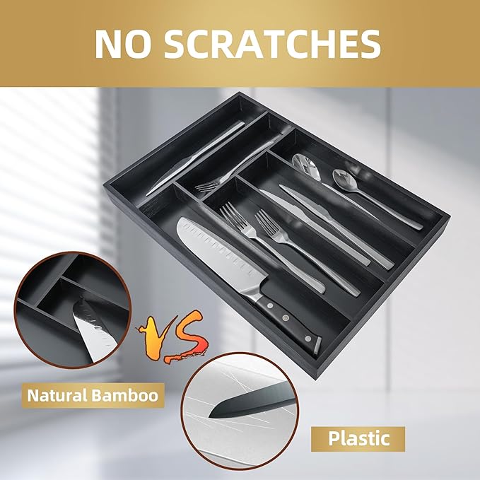 Silverware Organizer Kitchen Drawer Organizer Utensil Organizer Bamboo Silverware Holder Cutlery Organizer in Drawer Flatware Organizer Tray(6 slots, Black