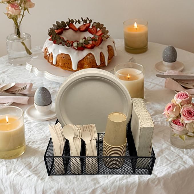 Metal Paper Plate Holder - Utensil Silverware Caddy for Kitchen Counter Cabinet Cutlery Flatware Organizer Storage Dispenser Box for Plastic Spoon Fork Plates Napkins Cup Party Camping Black