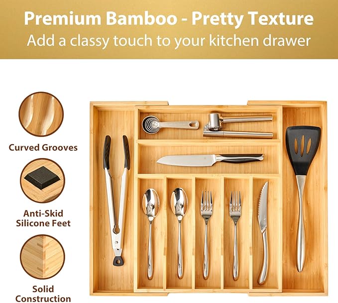 Umilife Large Expandable Kitchen Silverware Utensils Drawer Organizer, 2.5" Extra High Adjustable Drawer Divider with Curved Grooves, Bamboo Wood Cutlery Tray Flatware Holder