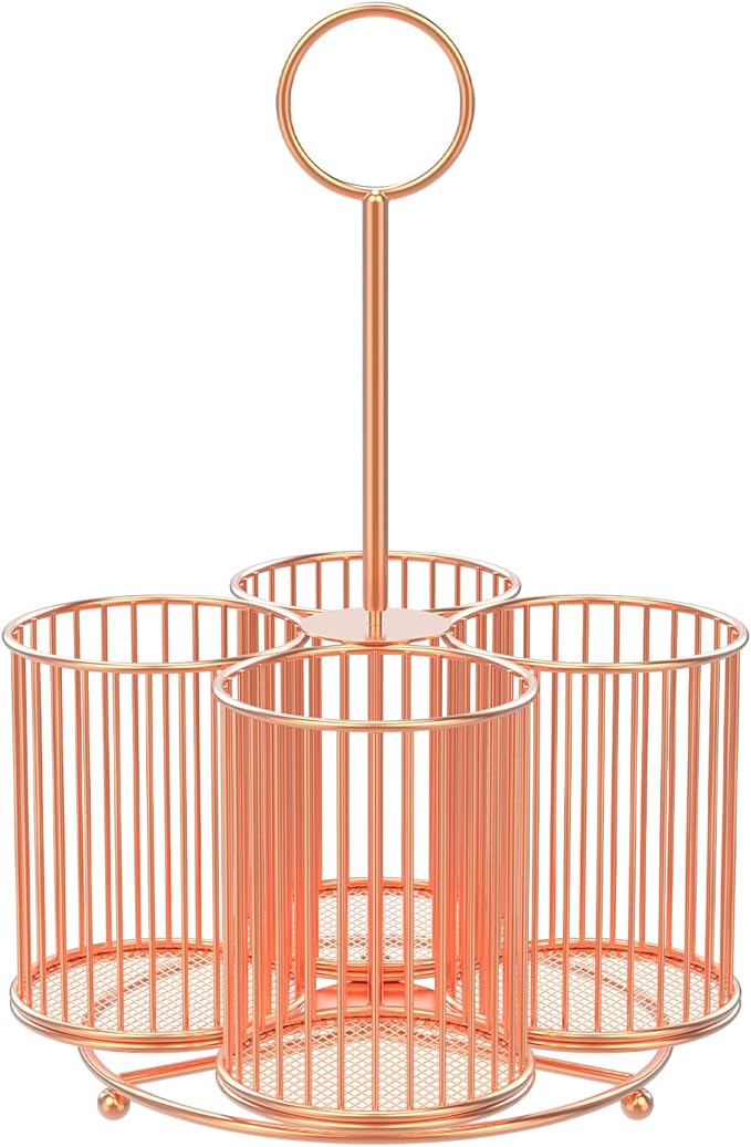 360° Rotating Utensil Caddy 4 Compartment Metal Utensil Organizer with Handle 6.3×6.3×11 Inch Kitchen Utensil Caddy Multifunctional Cutlery Storage Holder Portable Flatware Organizer for Home Party US