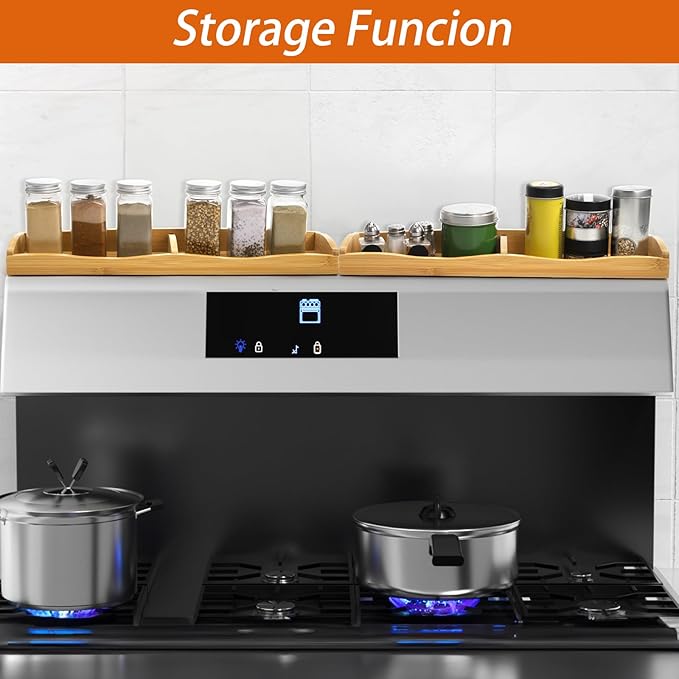 Yesland 30" Wide Stove Top Shelf Spice Rack Storage, Magnetic Bamboo Spices Shelf Flexible Seasoning Gadgets with 4 Functional Partitions for Home Stove Kitchen Storage Organization