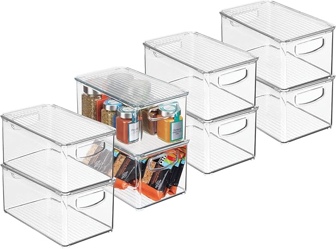 mDesign Plastic Deep Storage Bin Box Container with Lid and Built-In Handles - Organization for Fruit, Snacks, or Food in Kitchen Pantry, Cabinet, or Cupboard, Ligne Collection, 8 Pack, Clear