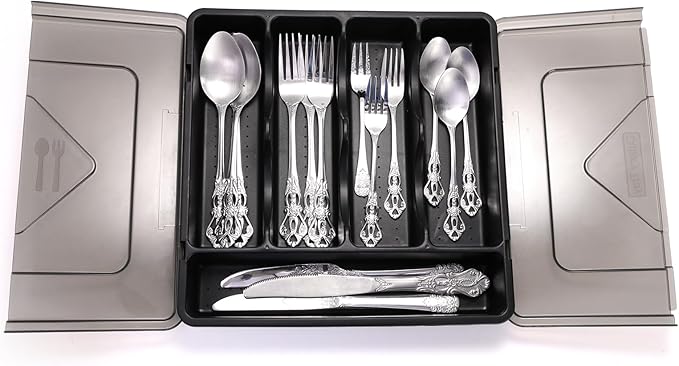Dicuny Silverware Organizer with Lid, Covered Utensil Drawer Organizer Tray for Kitchen, 5 Compartments Plastic Black Cutlery Flatware Storage Box for Spoons Forks Knives, Office, RV, Countertop