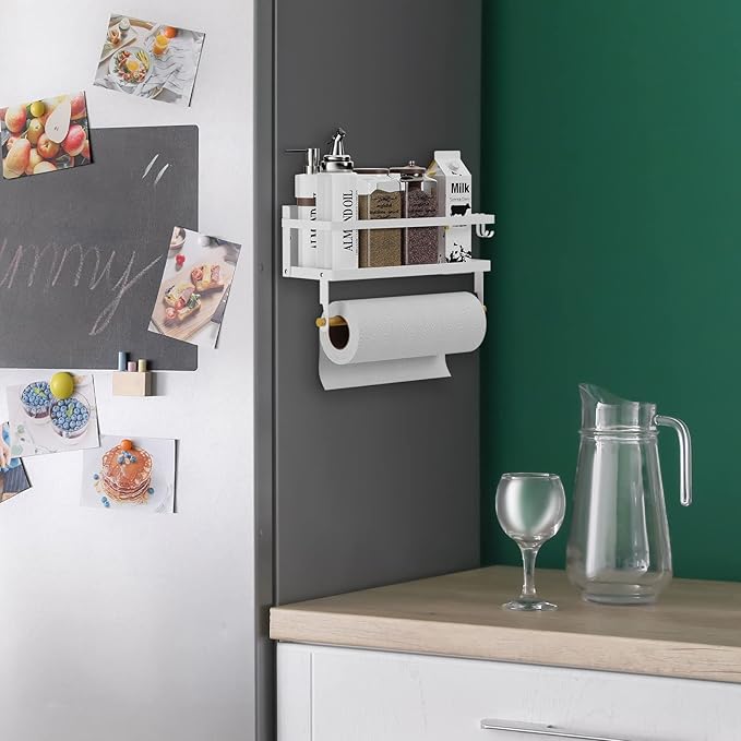 Spice Rack Magnetic Shelf with Paper Towel Holder Roll and Hooks, Foldable Refrigerator Magnetic Spice Holder, Seasoning Organizer Hanging Spice Storage Stand, White
