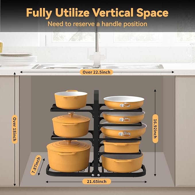 Podxco Pot and Pan Organizer for Under Cabinet, Thickened 8-Tier Adjustable Heavy Duty Pot Organizers Inside Cabinet, Rust-Resistance Pan Organizers Inside Cabinet for Cast-iron Pans, Heavy Skillets