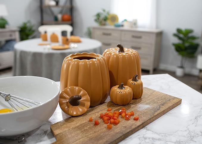 Nat & Jules Pumpkin Shaped 6 x 6 Inch Ceramic Storage Canisters: Perfect for Halloween, Thanksgiving and Indoor Fall Table Décor & Centerpieces - Set of 3, Orange
