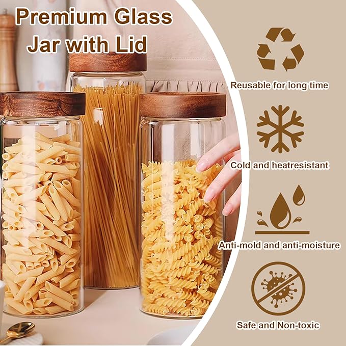 4 Set Glass Food Storage Jars with Bamboo Lids, 42oz/1250ml Glass Canisters with Airtight Lids, Glass Food Storage Jar for Pasta, Coffee Beans, Cereal