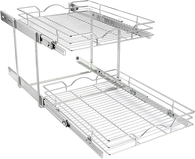 OCG 2 Tier Pull Out Cabinet Organizer (20" W x 18" D), Pull out Drawers for Kitchen Cabinets, Pull Out Shelves for Base Cabinet Organization in Kitchen Bathroom Pantry, Chrome Finish