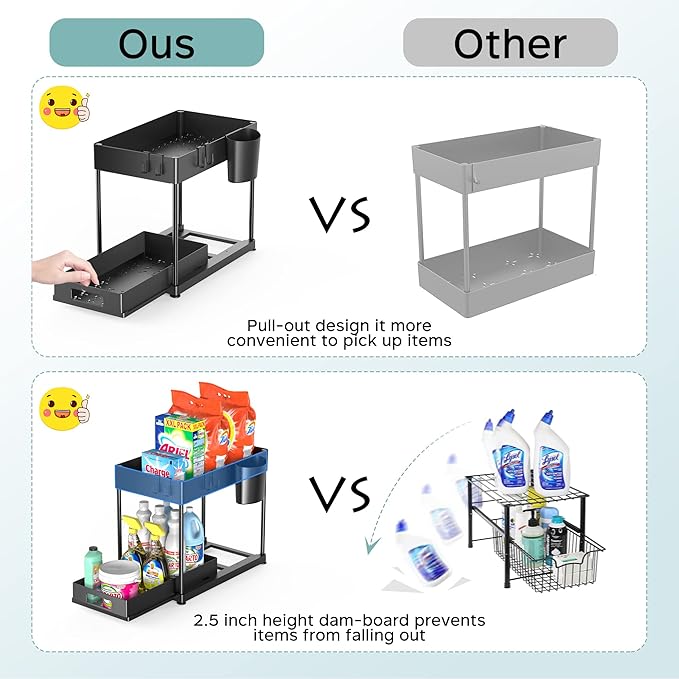 Under Sink Organizers and Storage, 2 Pack Large Capacity Heavy Load Pull-out Under Sink Shelves with Sliding Drawer for Kitchen and Bathroom, Black, 12 x 8.7 x 15.7 inch