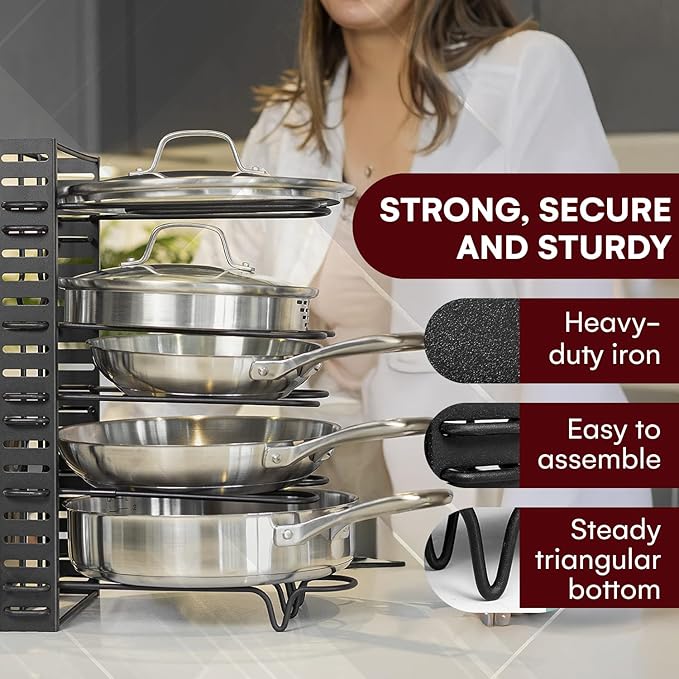 GeekDigg Adjustable Pots and Pans Organizer - 8 Tier Versatile Kitchen Pot Rack for Counter and Cabinet - Easy Setup, 3 DIY Installation Ways, Accommodates 8+ Pots and Pans - Space-Saving Black Design