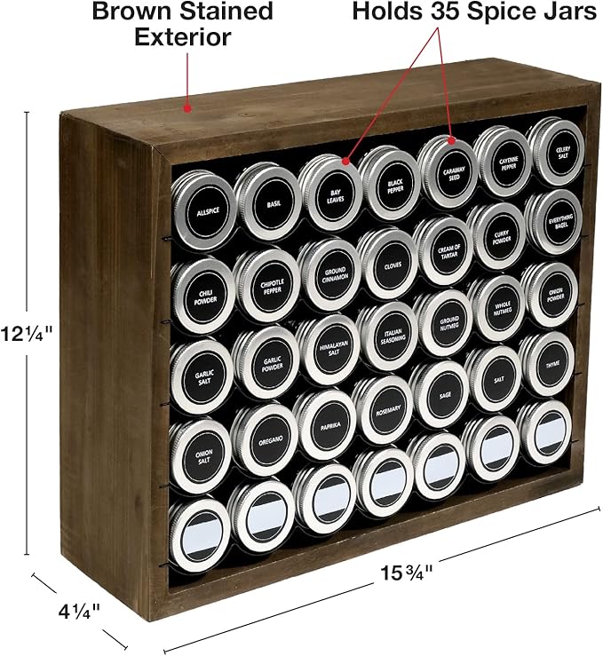 Excello Global Products Hanging Spice Rack - Includes 35 Glass Spice Jars and Accessories (Brown)