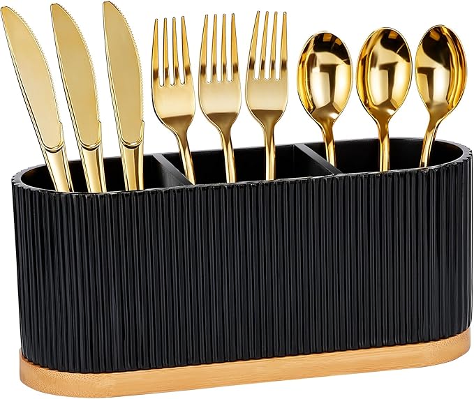 Countertop Silverware Holder, Silverware Caddy Organizer Holder for Forks, Spoons, Knives, Cutlery Caddy with 3 Compartments, Kitchen Utensil Holder for Party, Countertop, Black