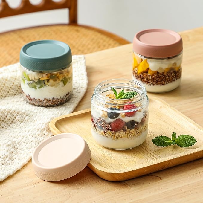 NETANY 3-pack 10oz Glass jars with Airtight Lids, Overnight Oats Containers with Lids, Wide mouth Mason Salad jars, Glass Food Storage Containers for Snacks Yogurt Spice Sugar
