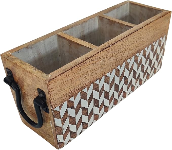 VANIYA CRAFTSR® Handmade Wooden Carved Design Compartments Cutlery Utensil Holder For Napkins, Spoons, Forks, Tissues, Knife (Natural White Finish)