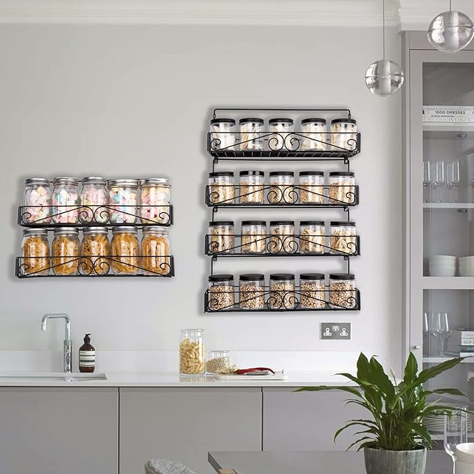 SWOMMOLY Wall Mount Spice Rack, 6 Pack Large-capacity Spice Racks, Stackable Foldable Spice Cans Organizer Shelf, Black