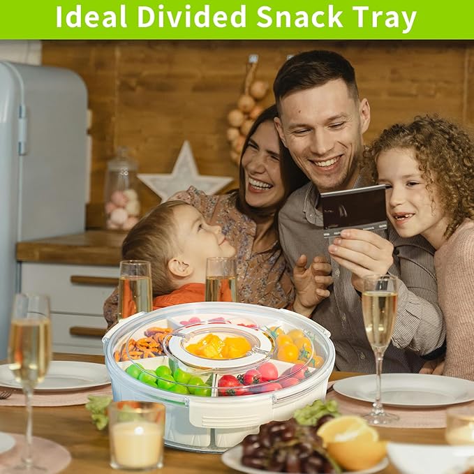 Veggie Tray with Lid and Handle, Divided Serving Tray, Snack Spinner, Portable Snackle Boxs for Candy Fruits Nuts, Clear Fridge Organizer and Storage for Party, Picnic, Travel, Beach