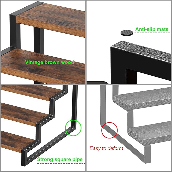 Wood Display Riser Stand, 4-Tier Kitchen Counter Shelves, Kitchen Storage,Spice Rack Organizer, Tiered Countertop Display Shelf for Perfume, Makeup, Expandable(Retro Color,4-Tier)