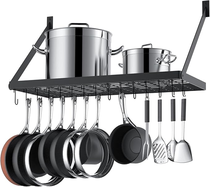 Square Grid Wall Mount Pot Rack Storage Shelf with 10 Hooks, Kitchen Cookware Hanging Organizer, Black, KPR300A-BK