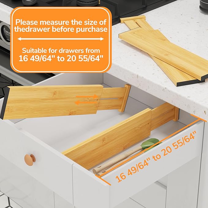 BAMEOS 4" High Drawer Dividers Bamboo Separators Organization Expandable Organizers for Kitchen Bedroom Bathroom Dresser Office 4-pack